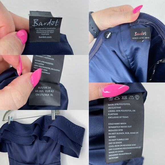 Bardot Athena Frill Off the Shoulder Navy Blue Satin Ruffle Mini Dress 10 Large - Picture 12 of 16